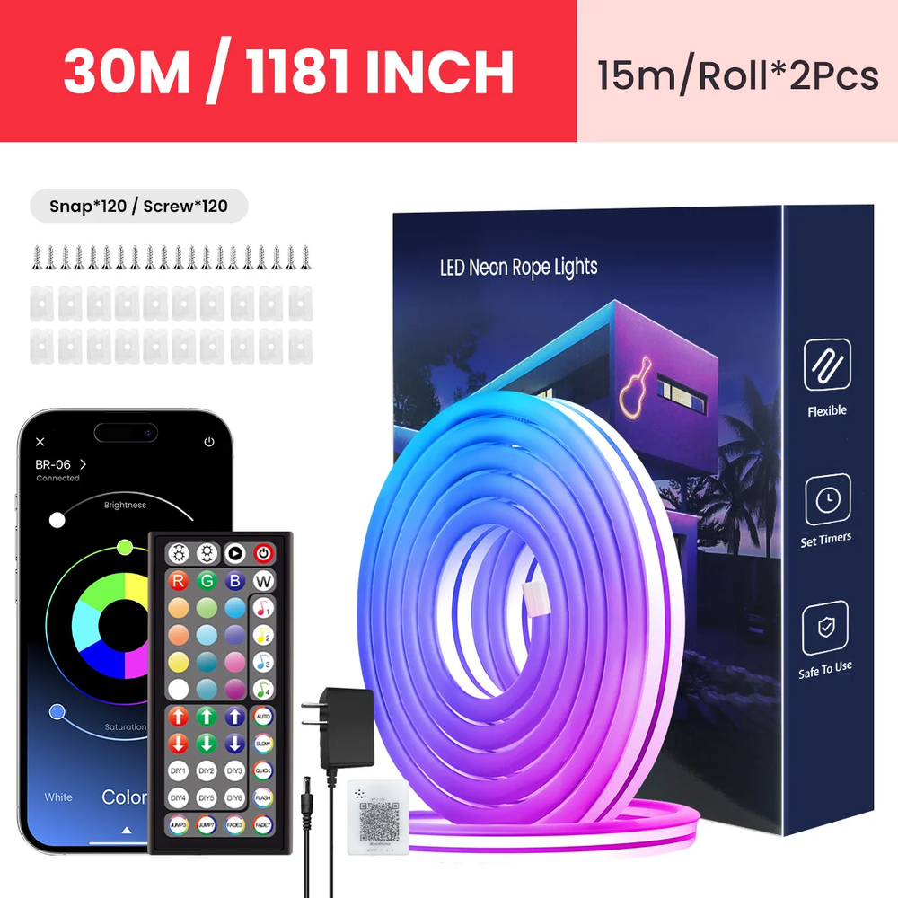 Neon LED Rope Lights 32–100FT RGB Strip with Remote - APP Control Flexible Decor