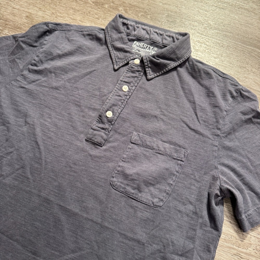Faherty Polo Shirt Mens Medium Gray Sunwashed Organic Cotton Short Sleeve