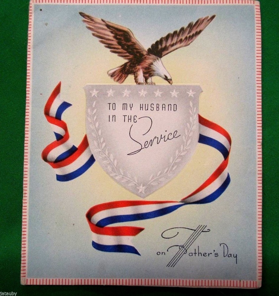 Vintage Military Service Fathers Day Card with Eagle Shield USA Patriotic Red White Blue Stars-image