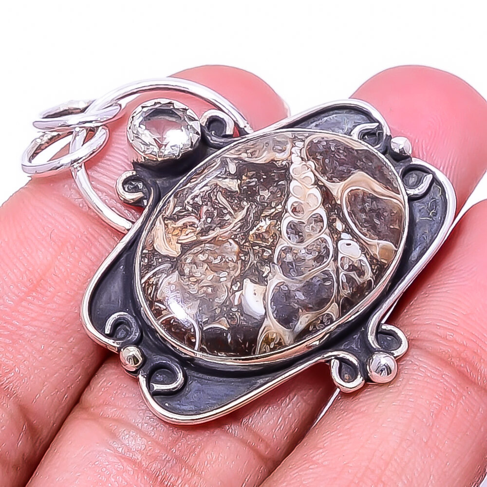 Turritella Agate and White Topaz 925 Sterling Silver Pendant 1.76 Inch Necklace