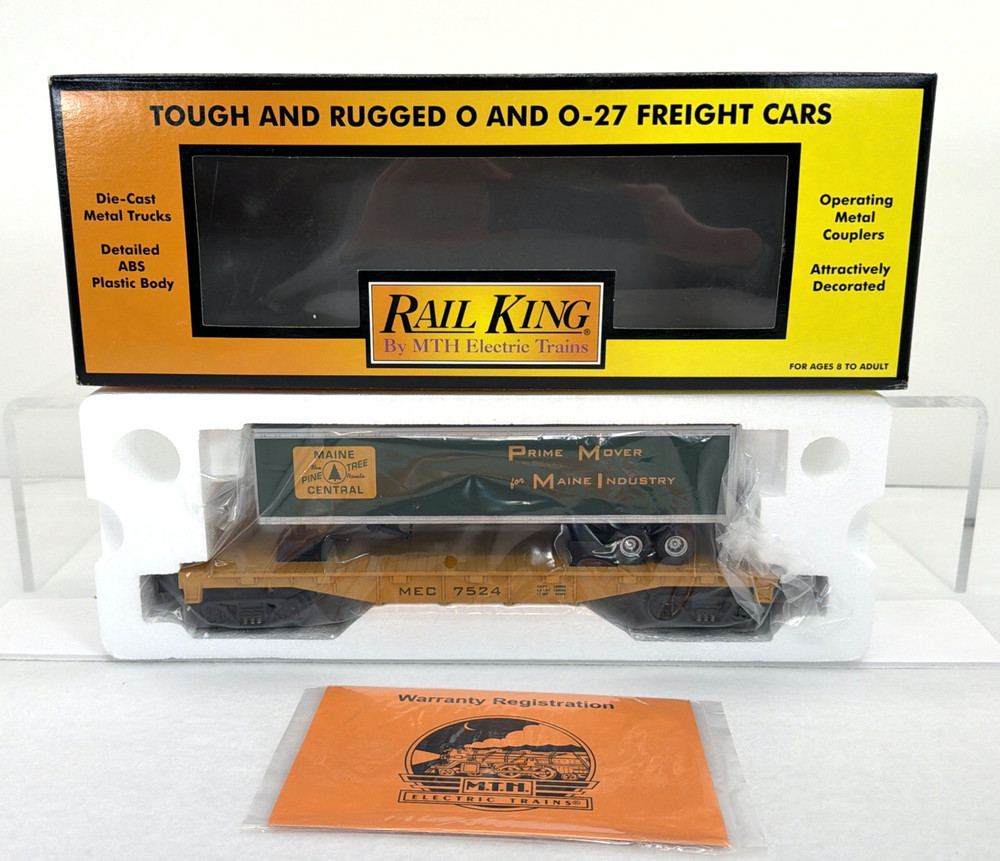 MTH RailKing 30-76128 Maine Central Flatcar w Trailer New O O-27 Gauge #7524 MEC