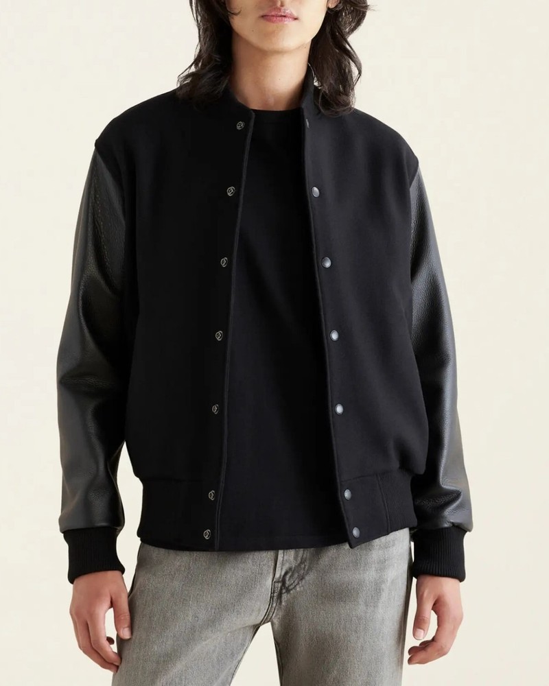 Men Heritage Classic 2.0 Black Wool Leather Unisex Varsity Snap Jacket