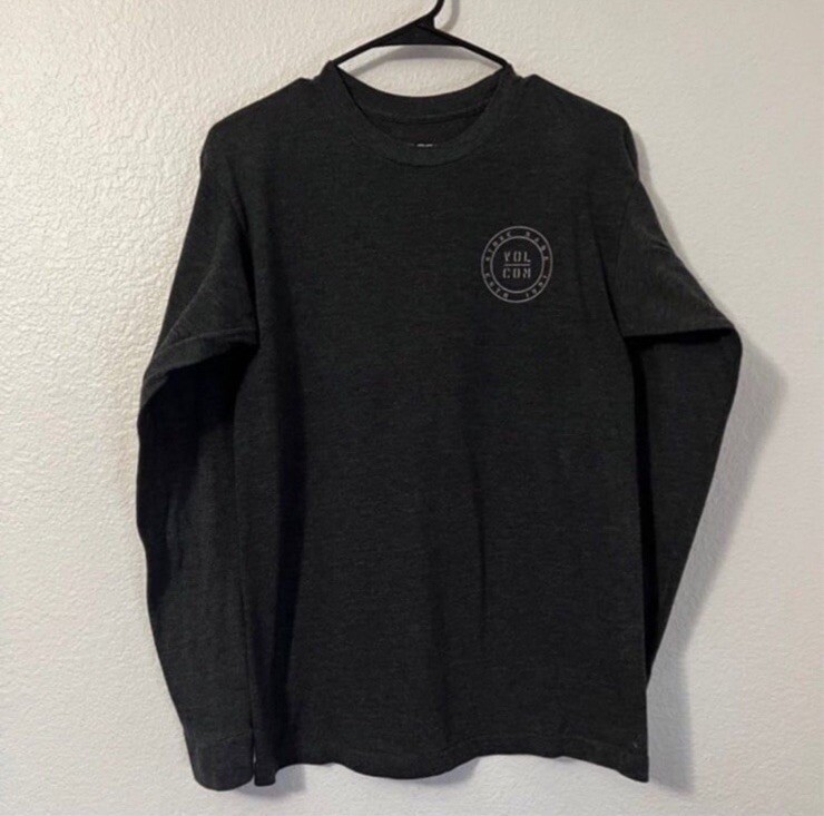 Simple dark gray volcom long sleeve shirt with White lettering