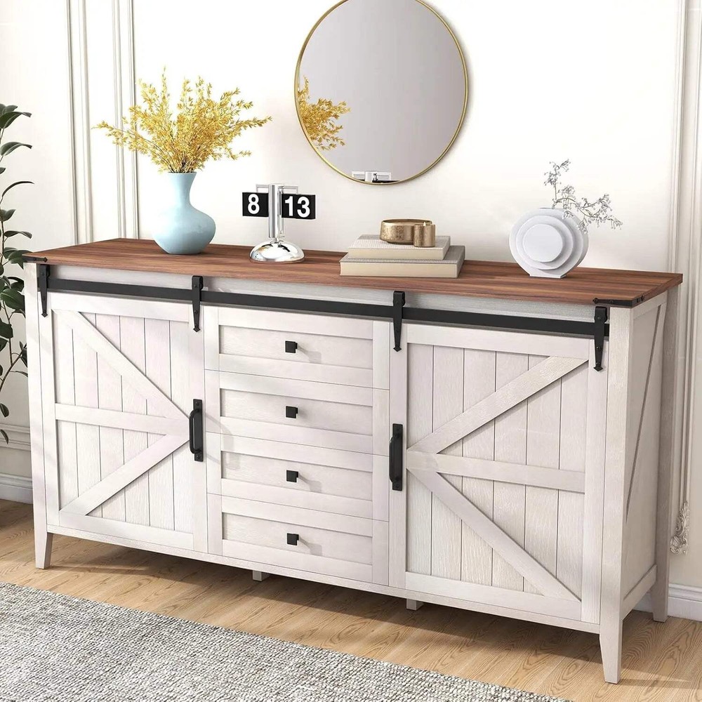 60 Inch Rustic Farmhouse Dresser with 4 Drawers for Bedroom Storage