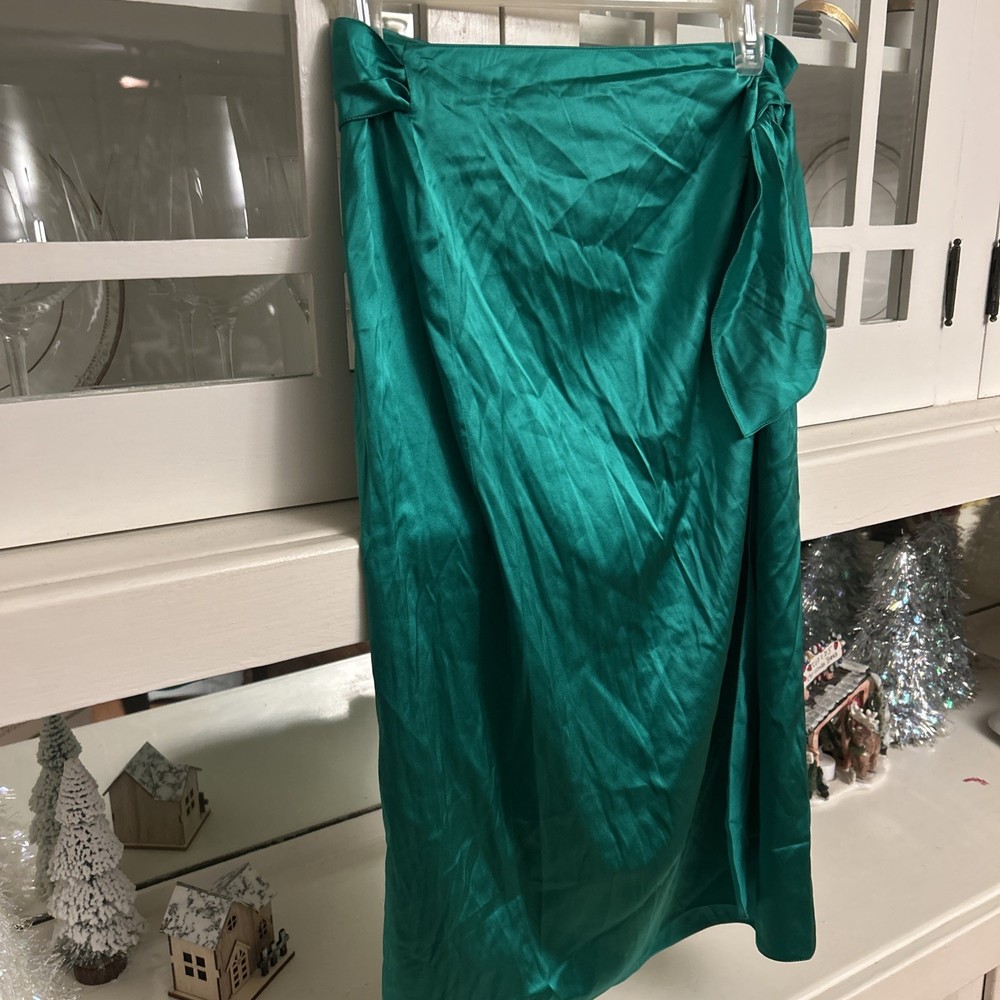 $1490 Ralph Lauren Danyelle Wrapped Stretch Silk Midi-Skirt Meadow/Green Size S