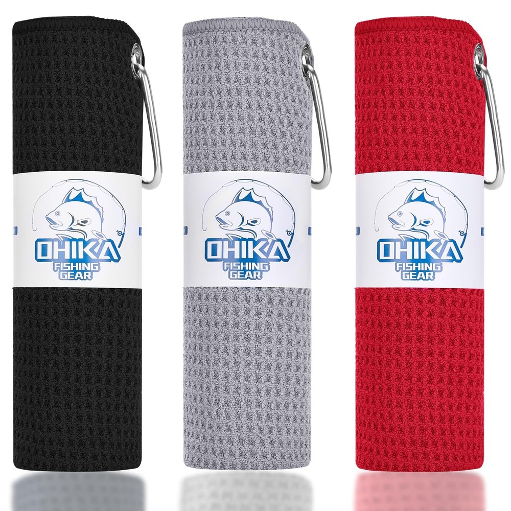 Premium 16x16 Waffle Weave Microfiber Fishing Towels 3-Pack in Black Grey Red