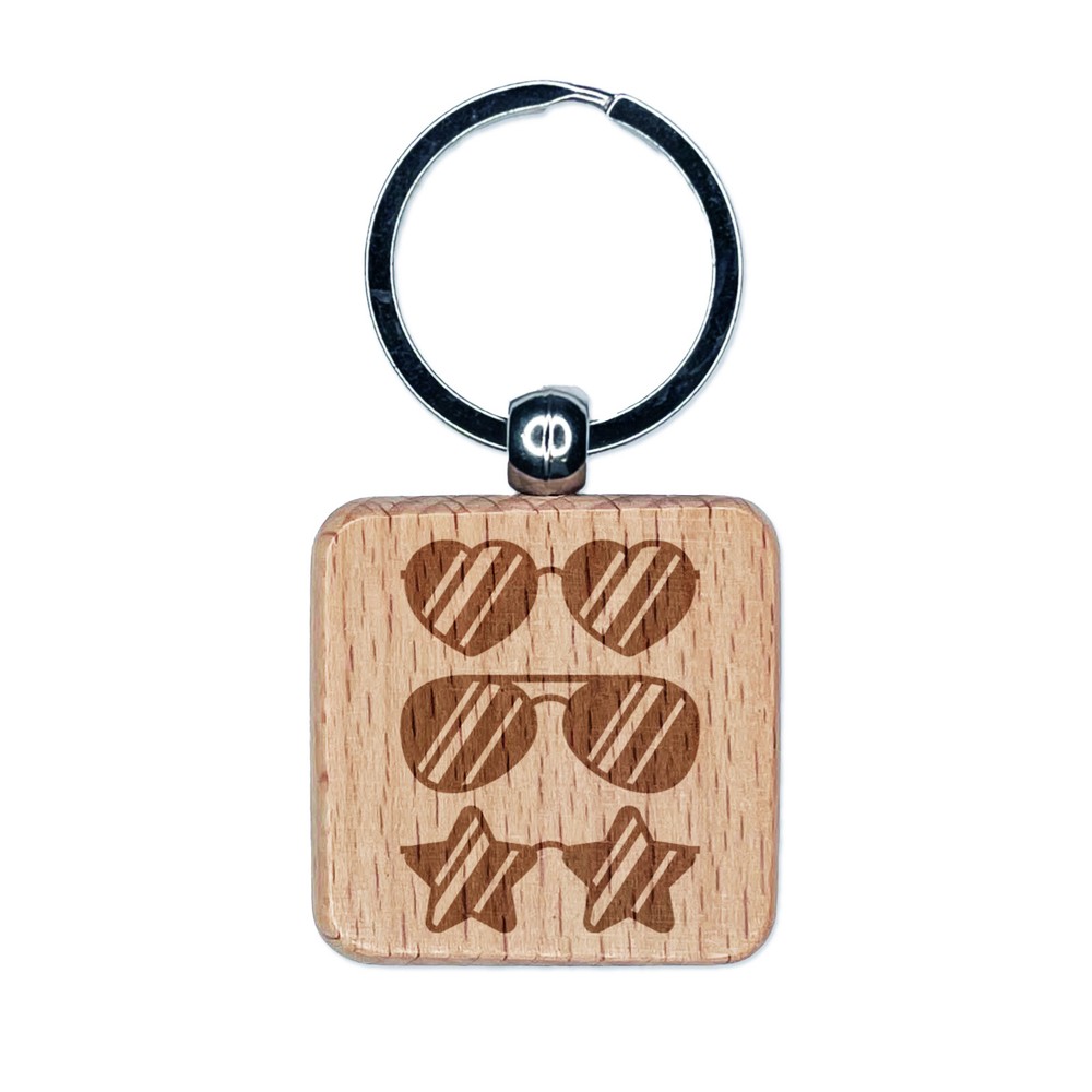 Heart Aviator Star Sunglasses Trio Wood Keychain Charm Tag