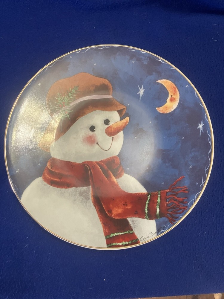 🎄Vintage “Snowman Under a Night Sky” Serving Dish, Artist Elaine Thompson, 1997