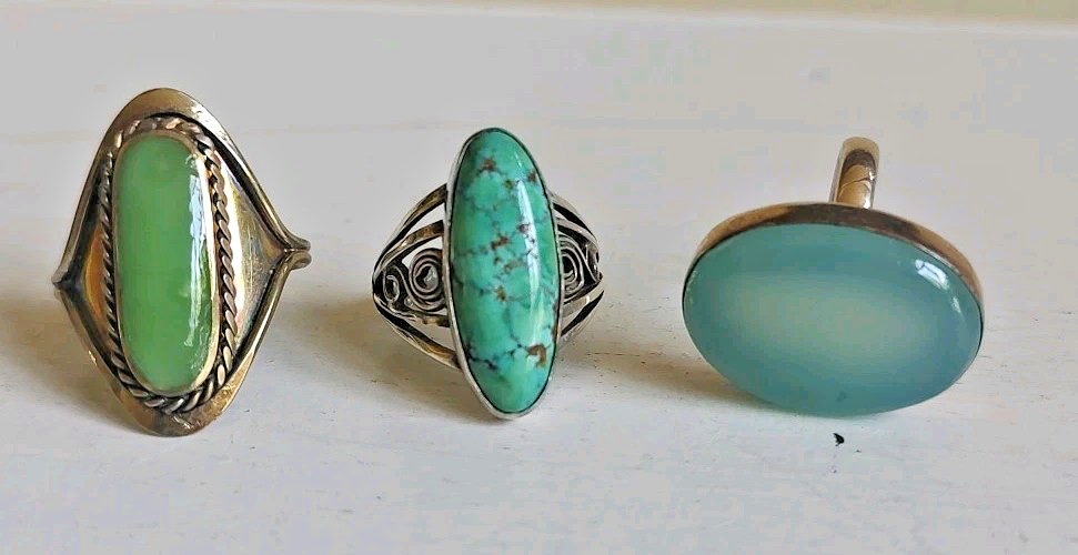 lot of 3 Vintage  silver jade Turquoise stones ring Blue Green Sterling  7.5
