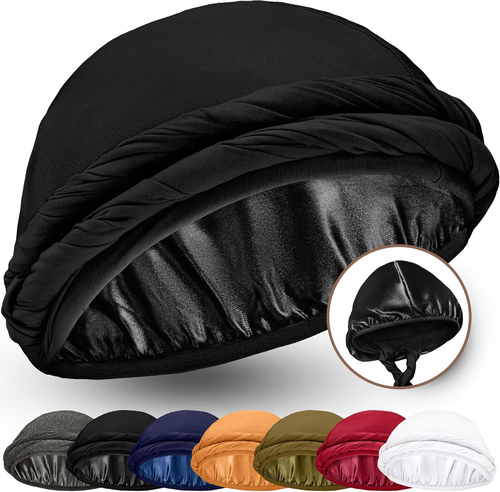 Silk Satin Lined Halo Turban Head Wrap for Men & Women - Pre-Tied Skull Cap with Sleeve