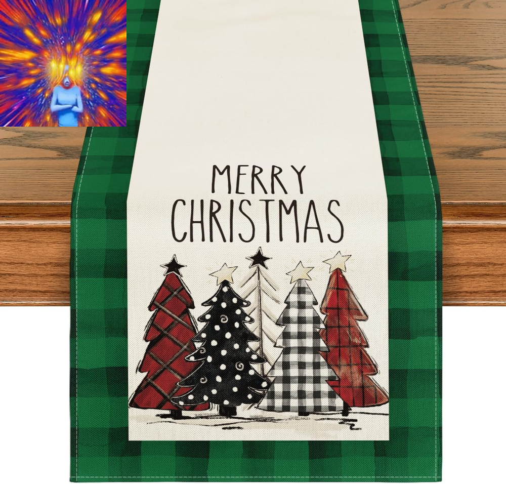 Watercolor Green and Black Buffalo Plaid Christmas Trees Merry Xmas Table Runner