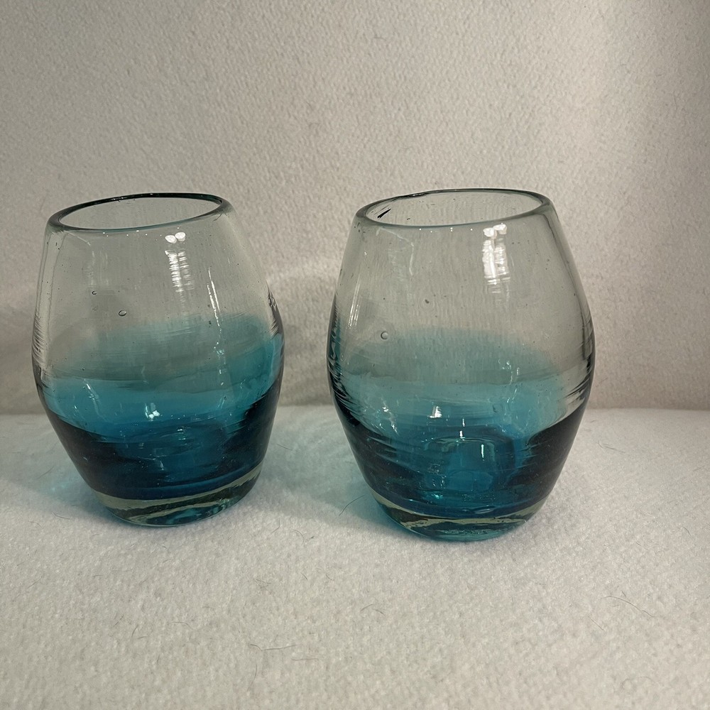 Hand Blown Teal Aqua Glass Votive Holders Set of 2