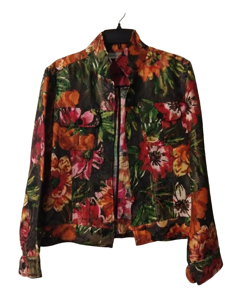Chicos Silk Jacket Cropped Tapestry Sz 1 (8) Tropical Floral Island Vibe Travel