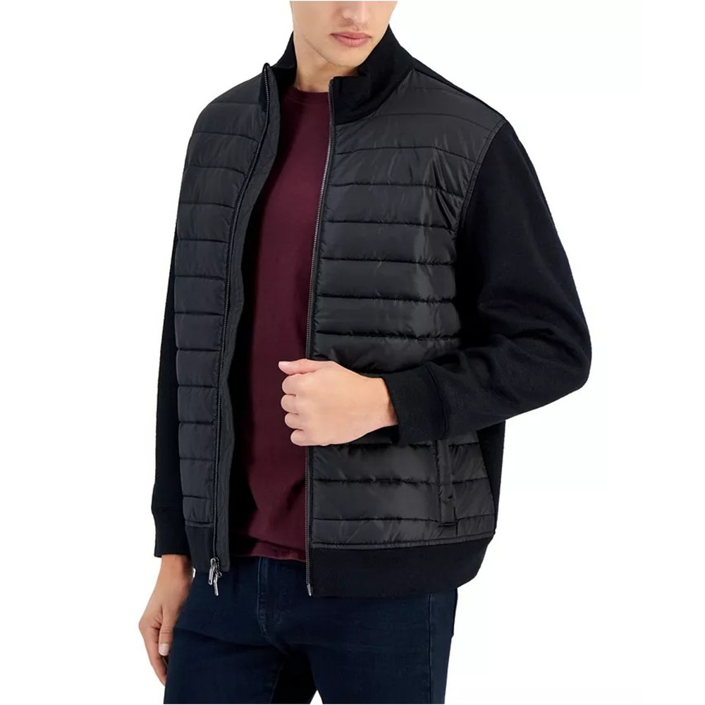 Alfani Men's Black Mixed-Media Quilted Knit Casual Full-Zip Bomber Jacket Size S