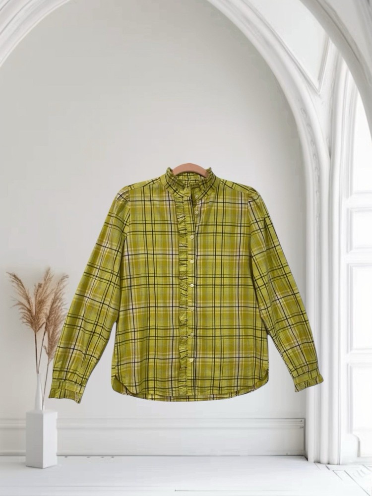 Loft Plaid Ruffle Long Sleeve Top Women’s Size XS Button Front Preppy Chic