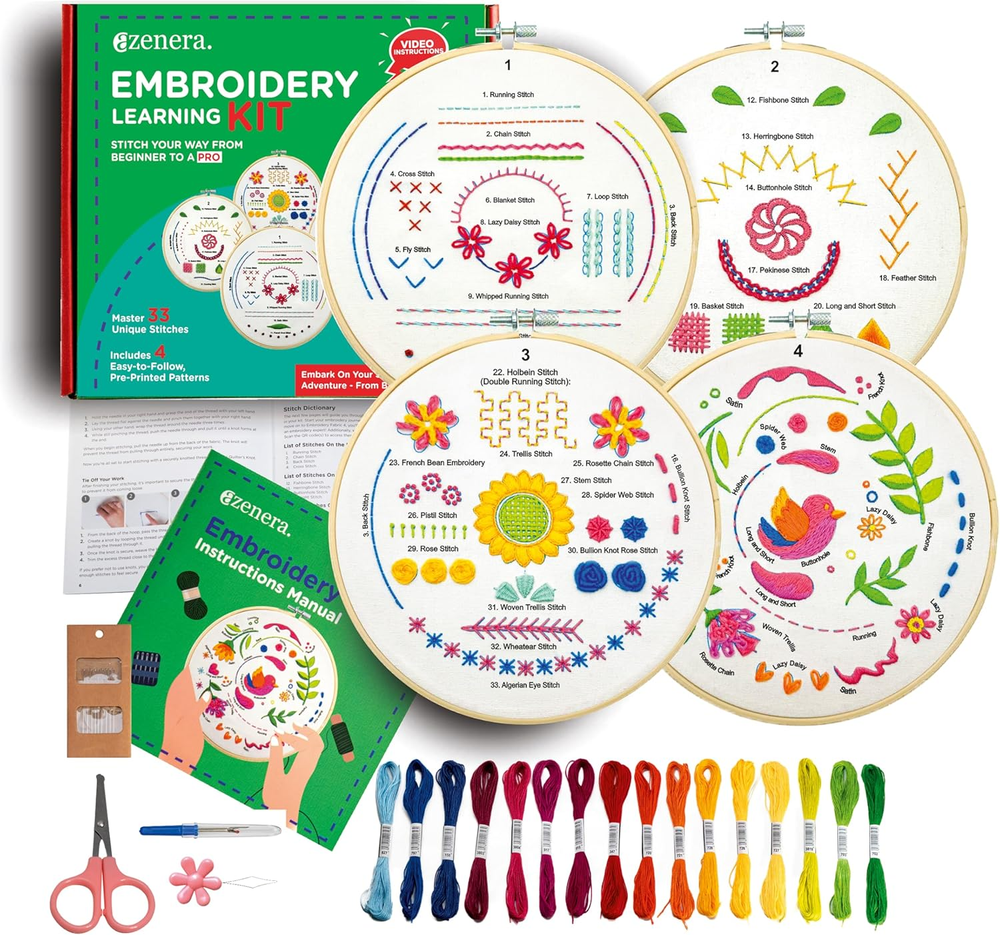 Beginner Embroidery Kit 4 Pack to Learn 33 Stitches with Step by Step DIY Video