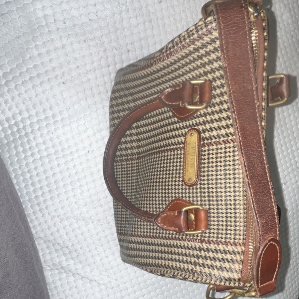 Vintage Ralph Lauren Houndstooth Satchel Top Handle Bag Brown Beige Designer