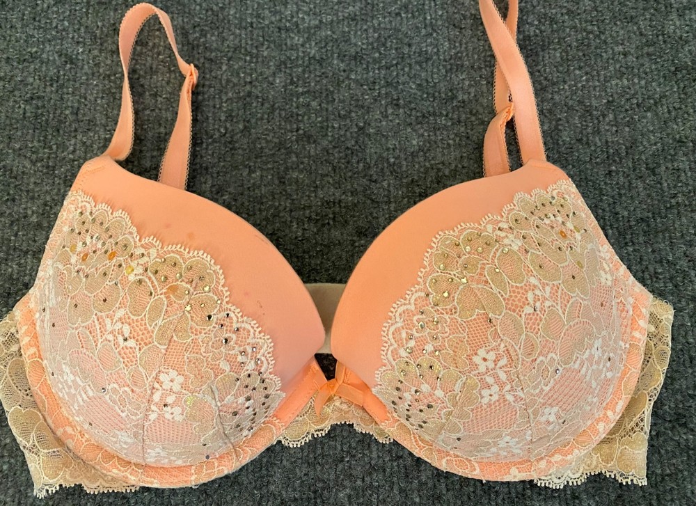Victoria's Secret Dream Angels Bra Womens 34D Tangerine Lace Jeweled Push Up