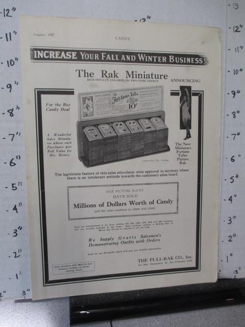 magazine ad 1927 PULL-RAK Fortune Teller horoscope candy display trading card