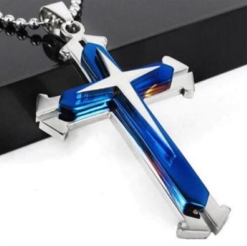 Double Cross Pendant Necklace in Silver Stainless Steel with Blue Accents-image