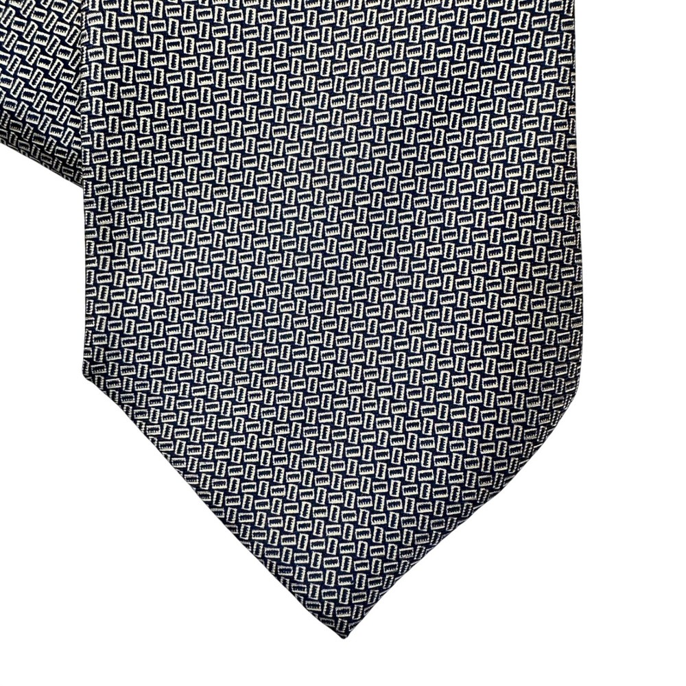 Polo Ralph Lauren Silk Tie Mens Navy Blue Cream Geometric Pattern Made in USA