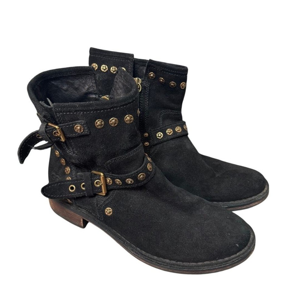 Ugg Women Biker Studded Buckle Black Suede Leather Boots Size 7.5