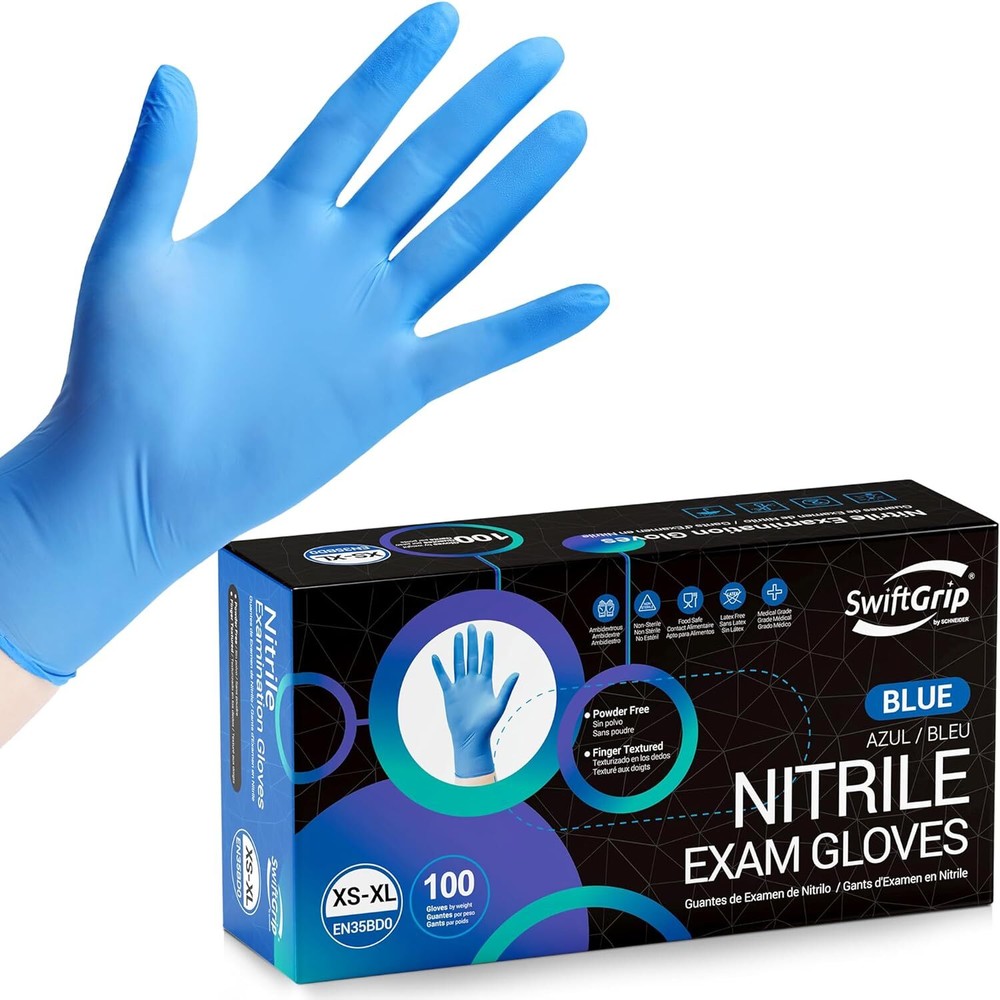 Disposable Nitrile Exam Gloves, 3-mil, Blue, Gloves Large