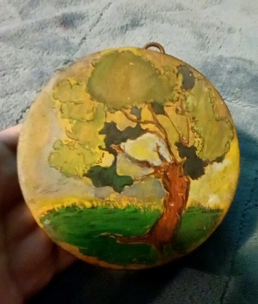 VTG Wood Hand Painted Art Country Side Double Sided Tree Summer Winter Ornament