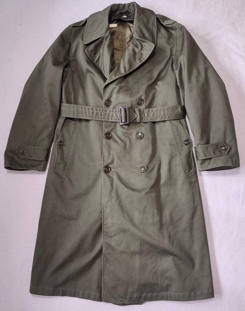 VTG USA Military Trench Coat Mens Med Regular Army Green Overcoat Coldweather