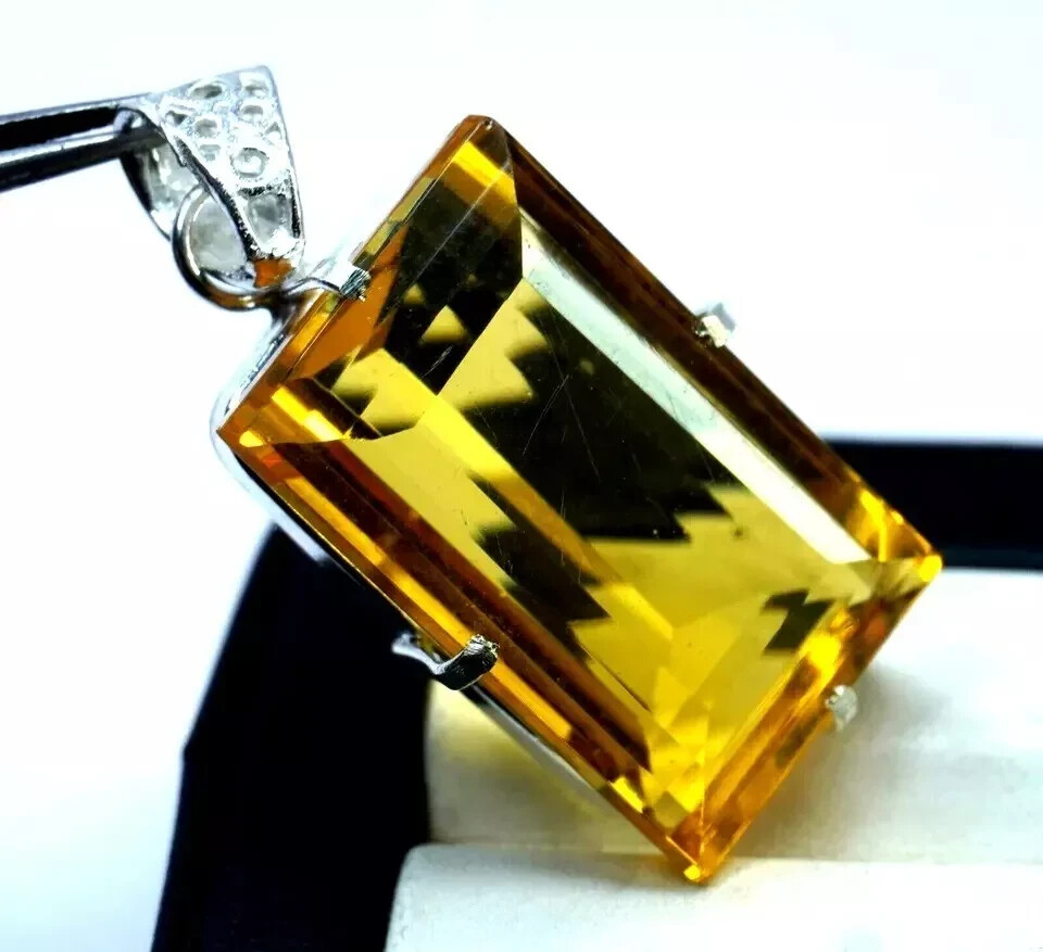 Natural Yellow Citrine 925 Silver 97ct Emerald Cut Pendant HG Gemstone