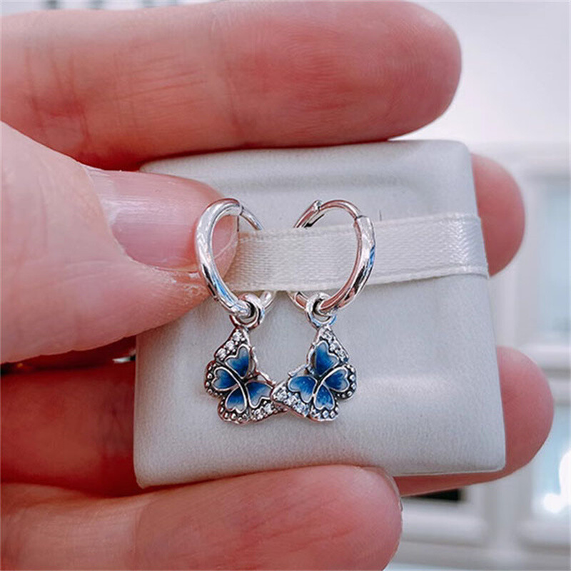 New Authentic 925 Sterling Silver Blue Butterfly Hoop Drop CZ Earrings