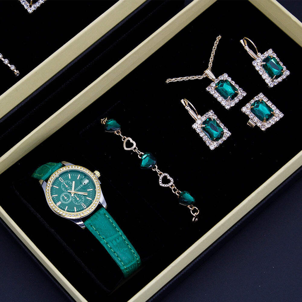Women's Elegant Five-Piece Jewelry Set with Square Watch and Accessories