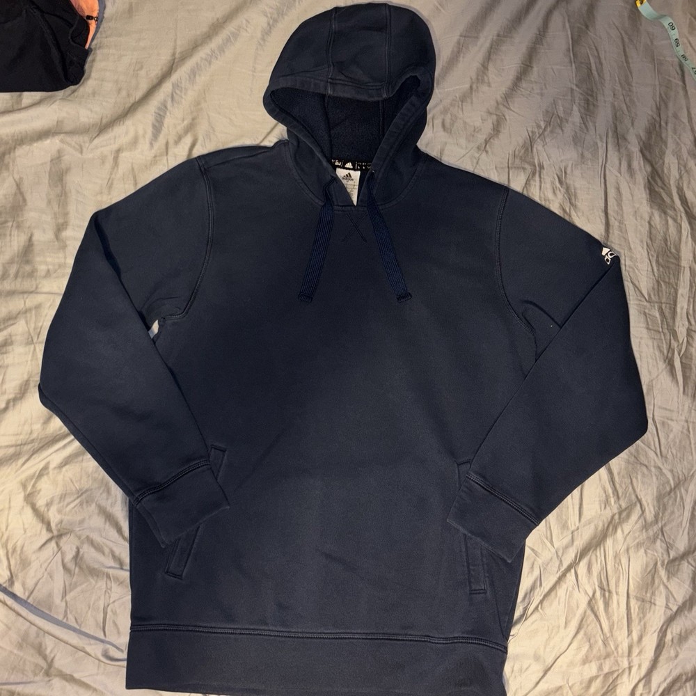 Vintage Adidas Men's Navy Blue Hoodie Sweatshirt Size L