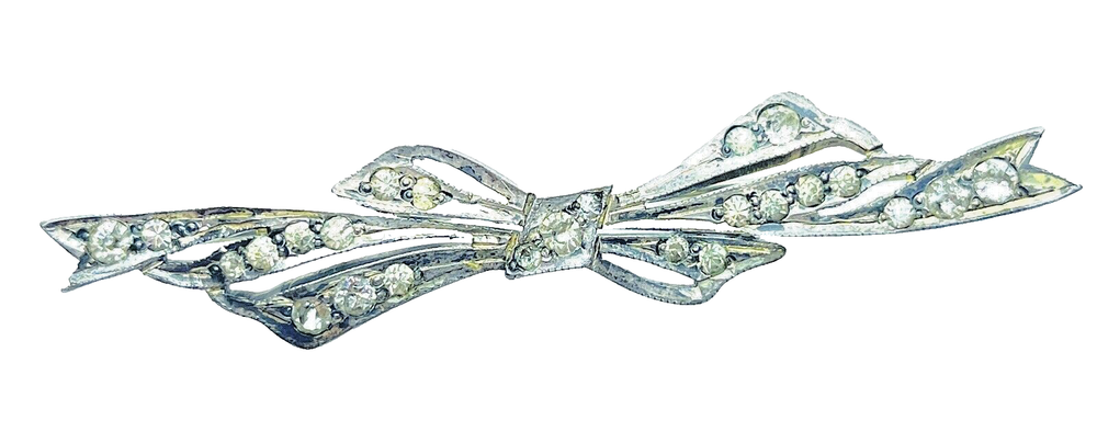 Vintage Sterling Silver & White Stones Bow Pin Brooch