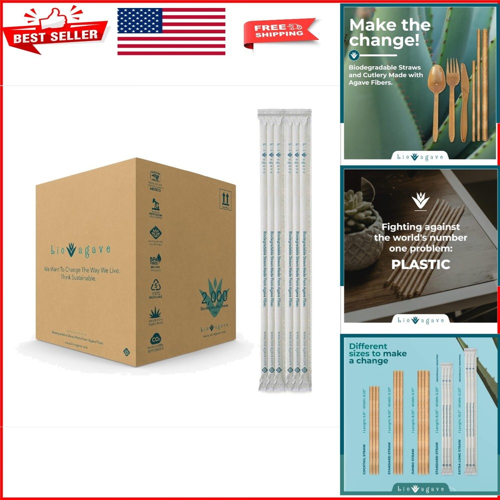 Sustainable 2000 Pack of Individually Wrapped Agave Fiber Straws – 8.25