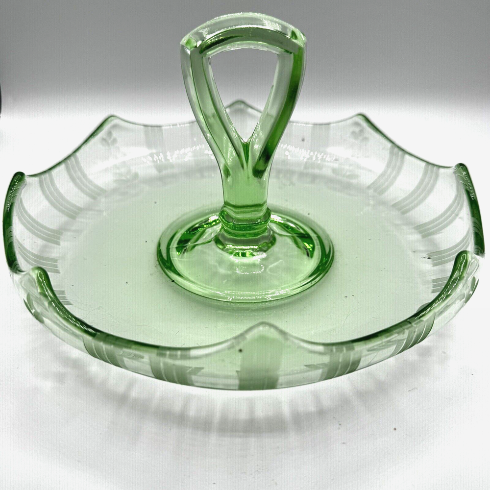 Vintage Green Depression Glass Etched Handled Nut Bowl Candy Server