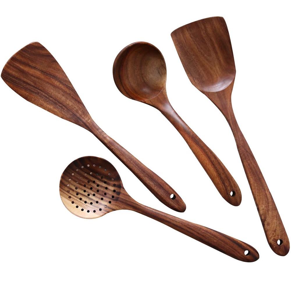 NAYAHOSE Wooden Spoons for Cooking, 4 Pcs Wooden Natural Teak Wood Spatulas S...