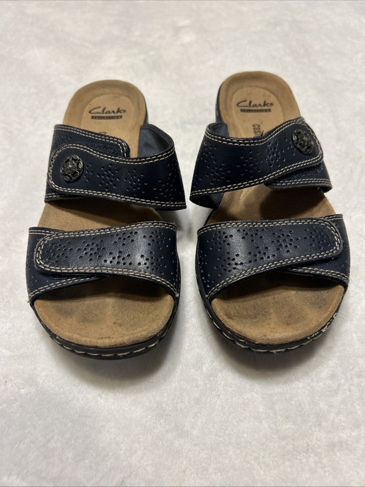 Clarks Womens Leisa Lacole Navy Blue Leather Slide Sandals Size 5 M