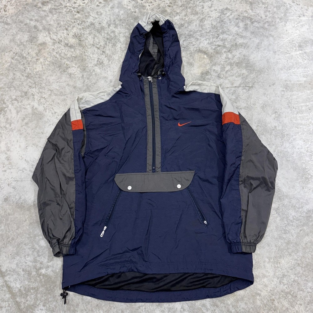 Nike Jacket mens medium Navy Gray Hooded Half Zip Anorak Windbreaker Pullover