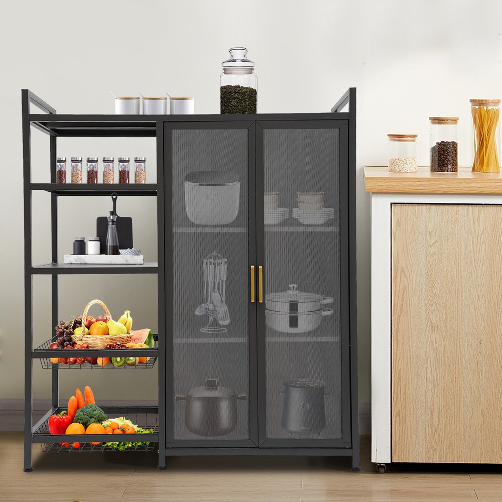 Modern Rattan Accent Storage Buffet Cabinet with 2 Doors & 4 Shelves for Bar or Console