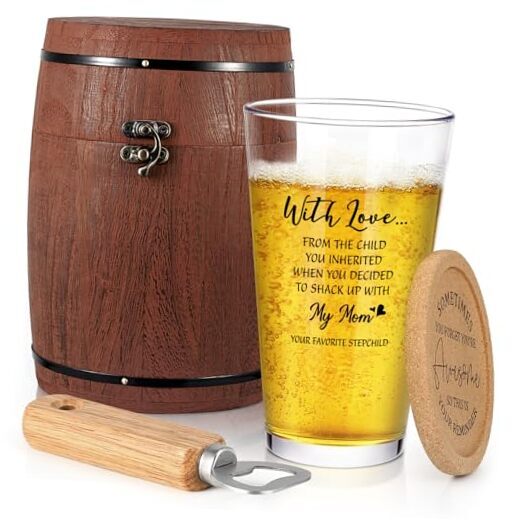 15 oz Beer Glass in Barrel Box, Step Dad Fathers Gifts Day, Fathers Casual