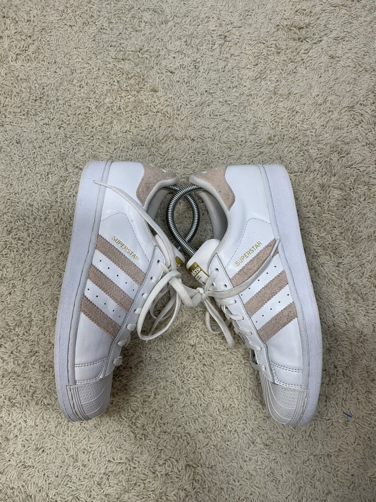 Adidas superstar Womens size 8.5 sneakers white leather With Pink Suede Stripes