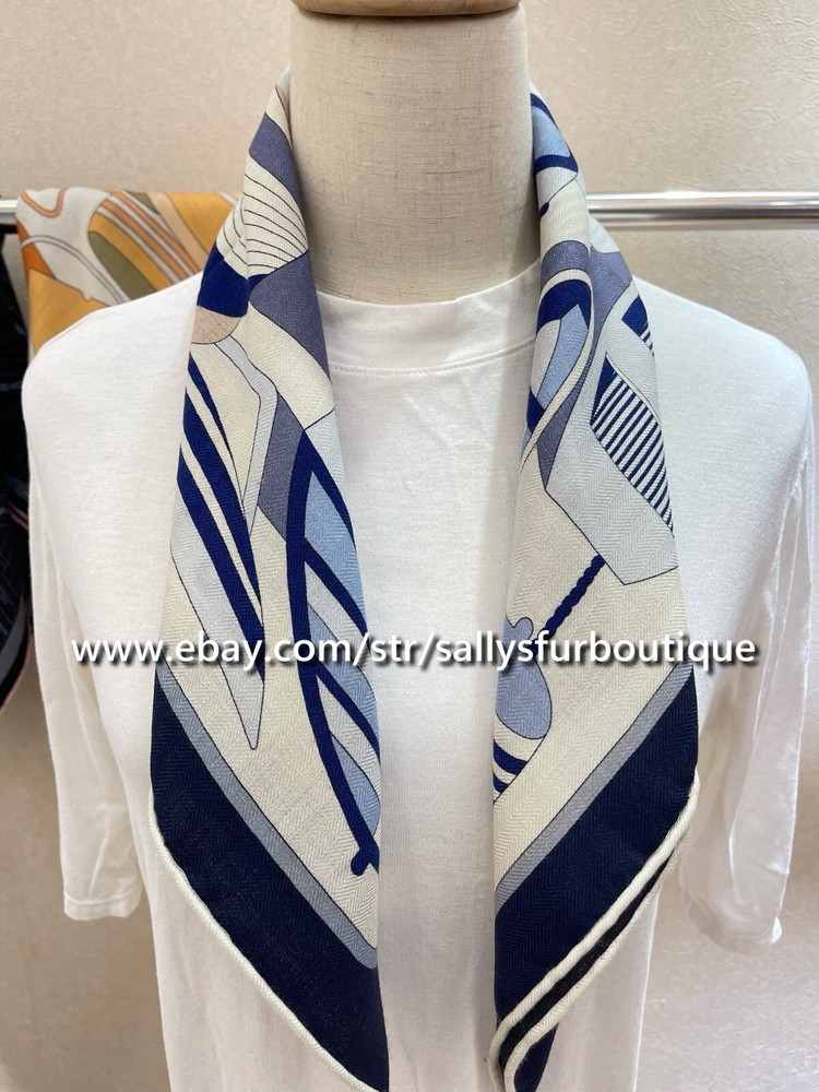 Sallys Double Face Cashmere Silk Scarf with Boats Print 26 Inch Neck Collar  