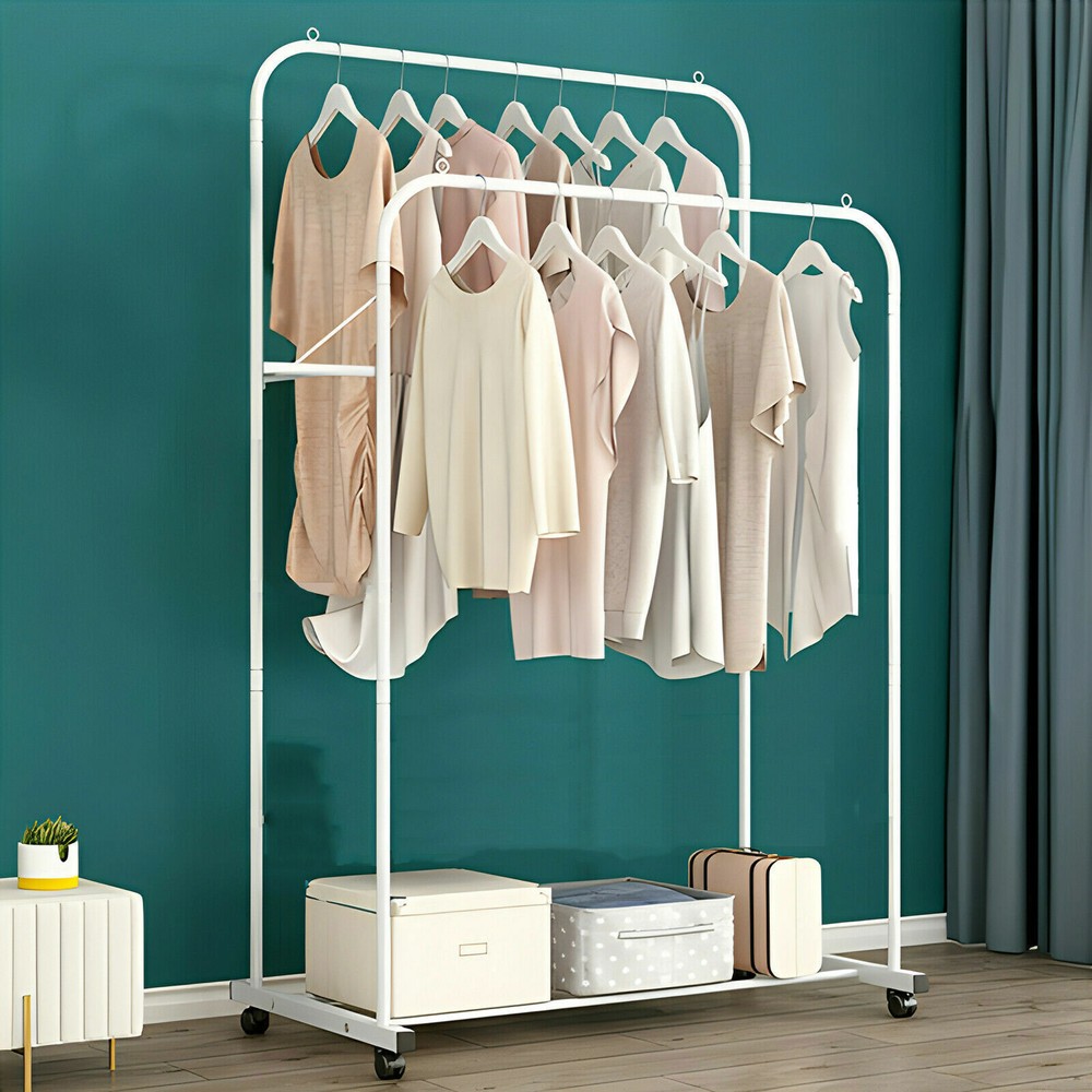 Heavy Duty Double Rod Metal Garment Rack on Wheels Portable Closet-image