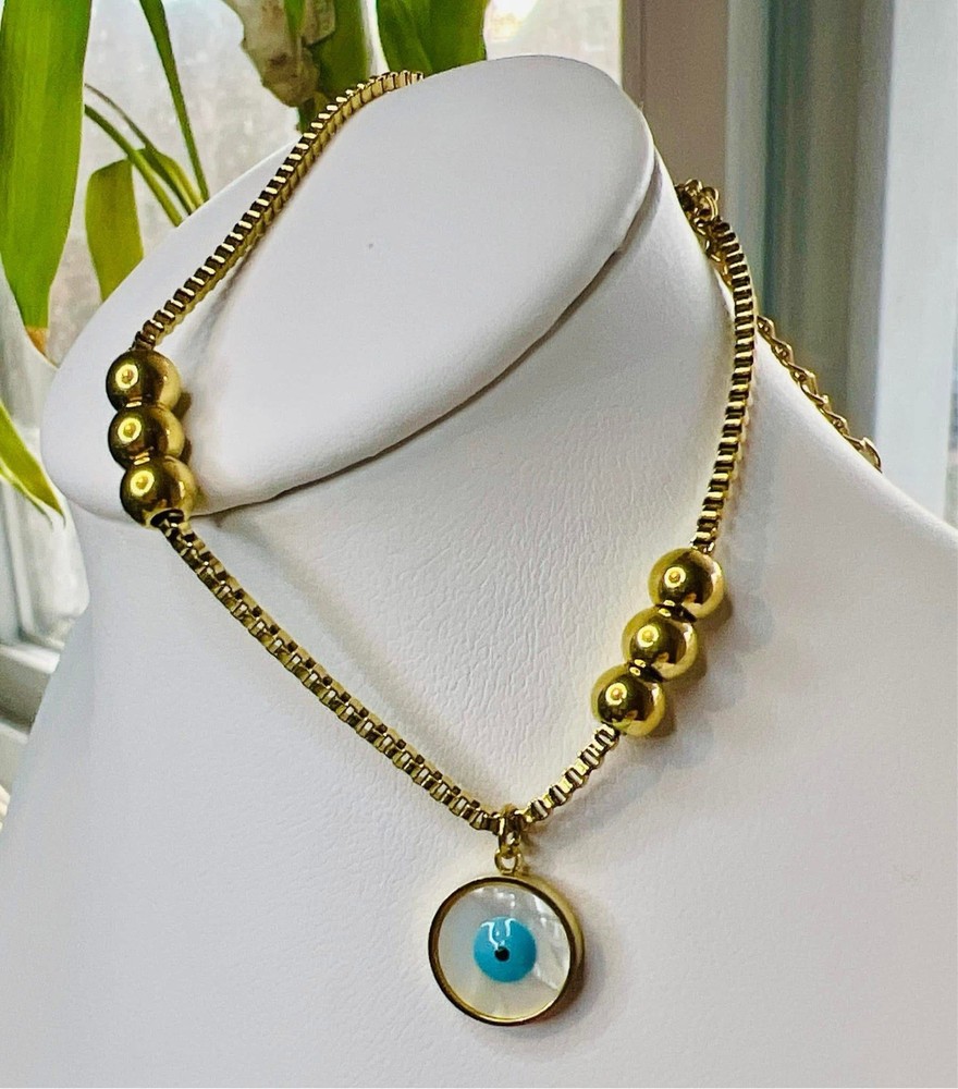 Gold Tone Evil Eye Charm Pendant Necklace Blue Glass Beaded Box Chain Jewelry