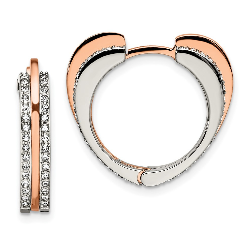 Stainless Steel Polished Rose IP-plated with Crystal Heart Hinged Hoop Earrings
