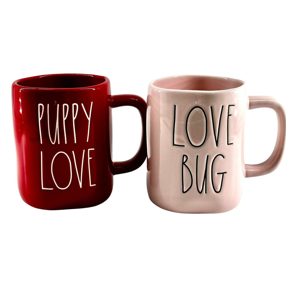 2 Rae Dunn Large Valentine Day mugs love bug puppy love