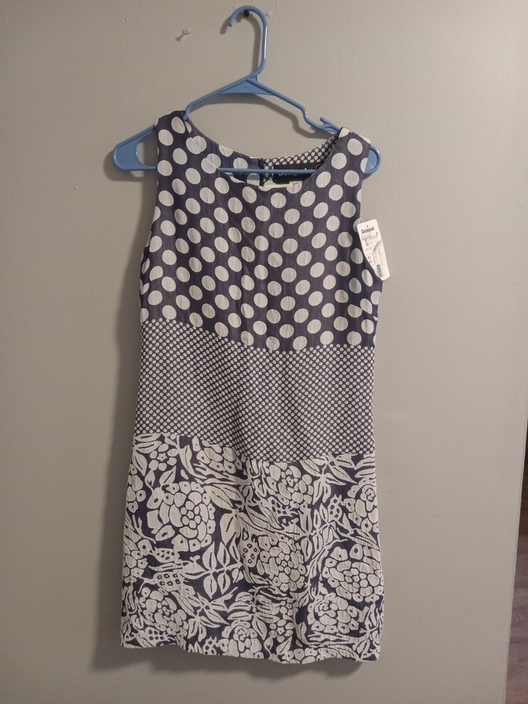 Desigual Women’s Sleeveless Print Block Shift Dress Size 36 US 2 Blue White NWT