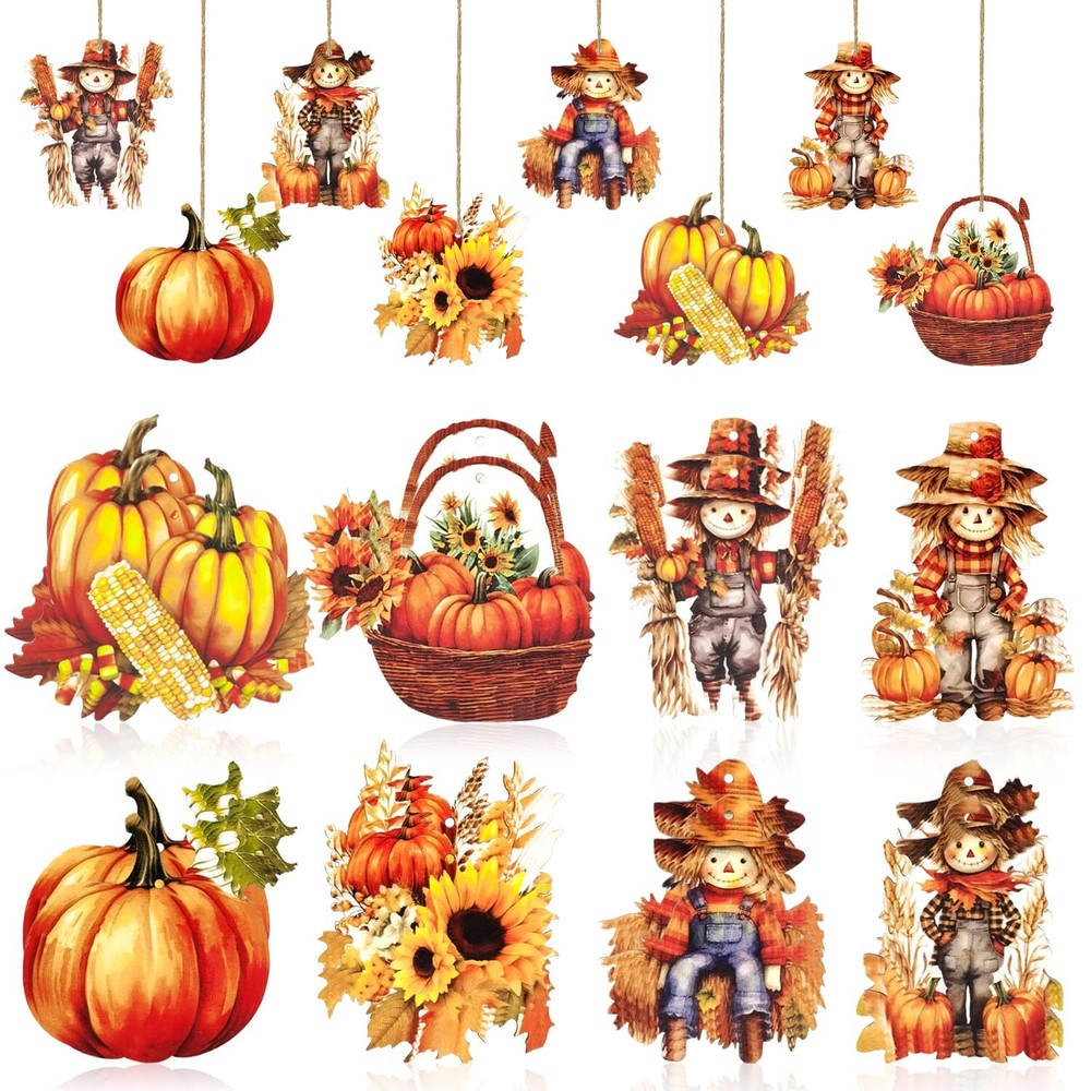 24 Pieces Fall Scarecrow Wood Hanging Ornament Fall Harvest Wooden Signs Than...