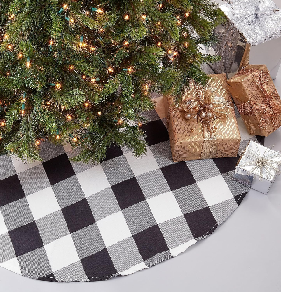 Buffalo Plaid Cotton Christmas Tree Skirt Black 53 Inch Holiday Decor